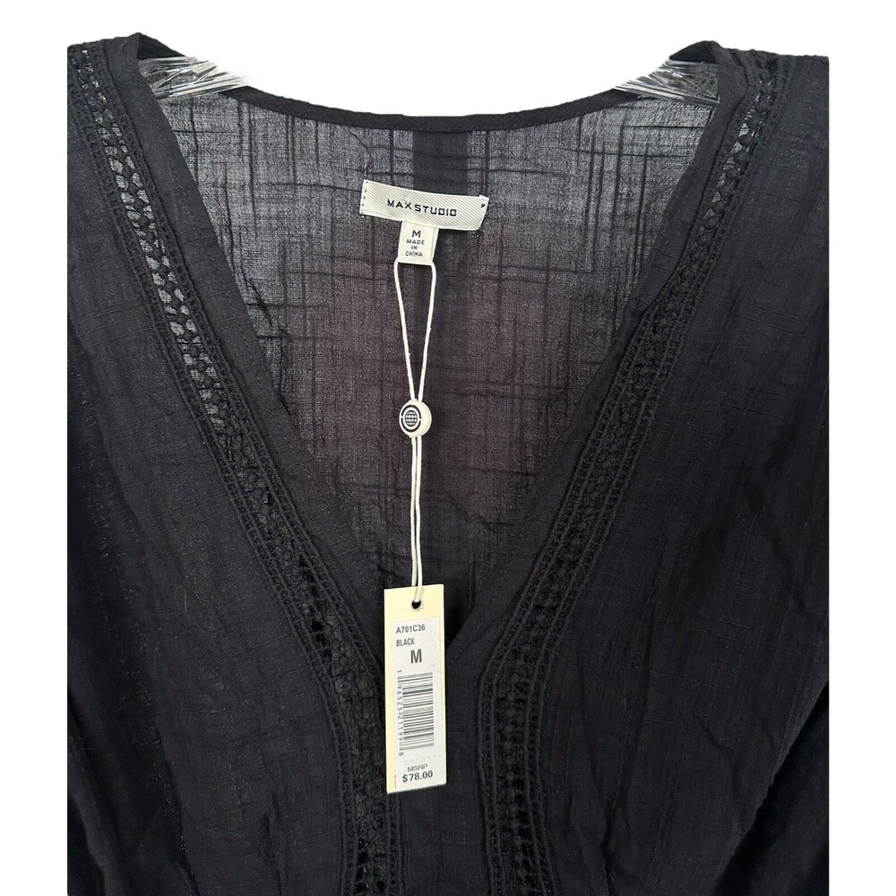 Max Studio Women's Short Sleeve Blouse Top w/ Tie Belt V-Neck Sheer Size M Black - Picture 4 of 9
